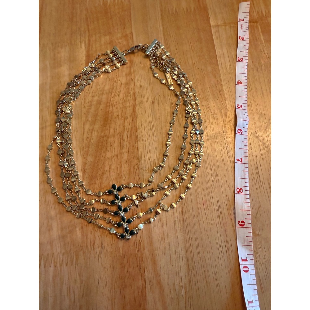 JewelMint Gold Tone Multi Strand Disc Chain Bib Necklace Green Enamel Floral